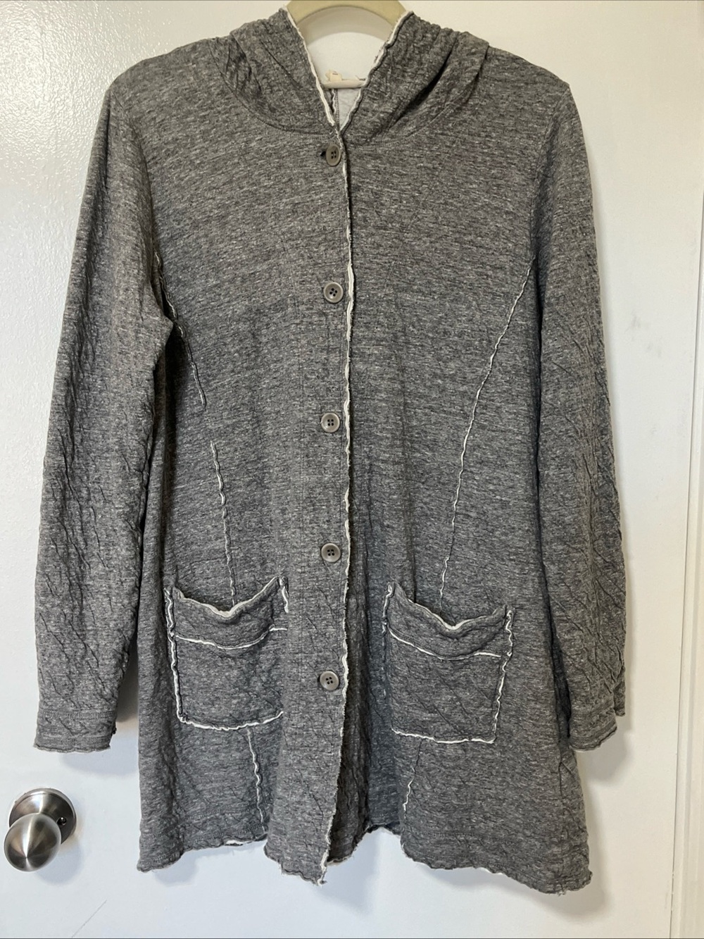 Eileen Fisher GrayRippled knit  Hooded Button-Front Jacket